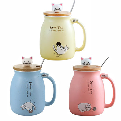 Taza creativa resistente al calor con forma de gato de colores, taza de dibujos animados de 450 ml con tapa, taza de cerámica para café con gatito, taza para niños, taza para beber de oficina, regalo