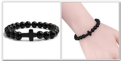 Charm Natural Stone Bracelet Cross Black Lava Matte Beaded Bracelets Handmade Men Women Prayer Fitness Chain Couple Jewelry Gift