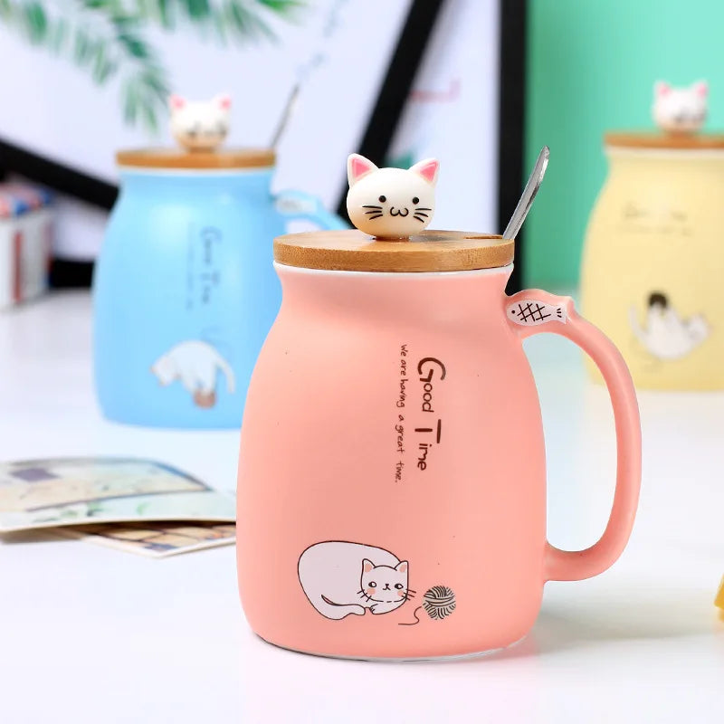 Taza creativa resistente al calor con forma de gato de colores, taza de dibujos animados de 450 ml con tapa, taza de cerámica para café con gatito, taza para niños, taza para beber de oficina, regalo