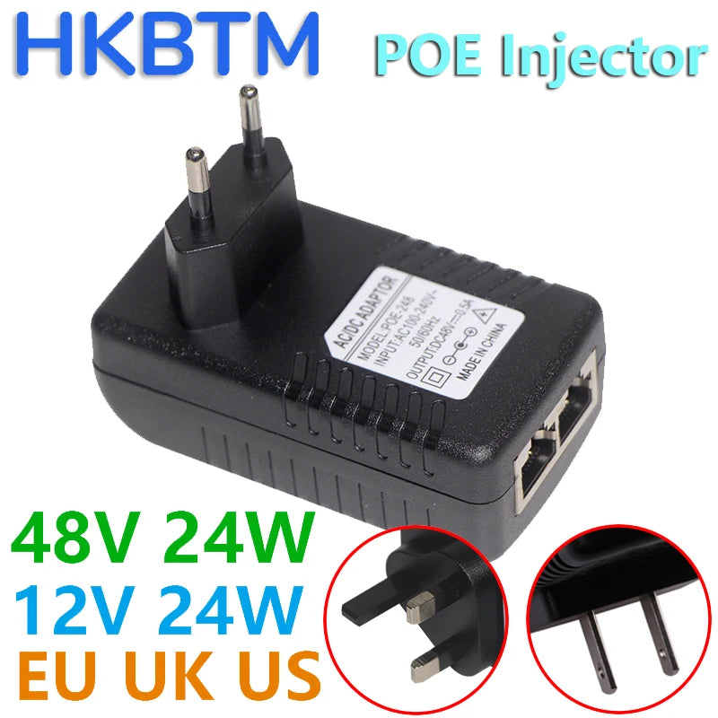 HKBTM POE Injector 48V 24V 12V 24W EU US UK AU Plug  For CCTV  IP Camera Power Supply Ethernet Adapter Phone AP