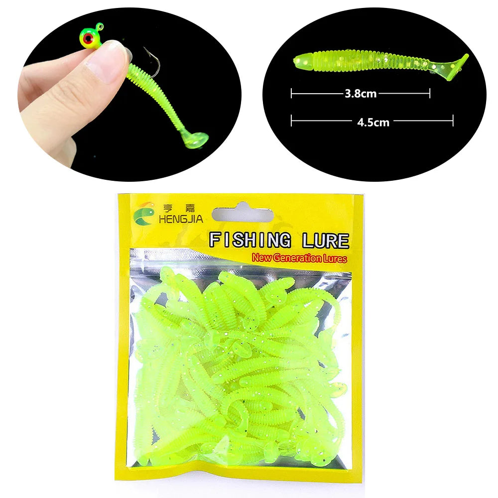 Hengjia 50pcs/Lot 4.5CM Small Soft Worm Swimbait T Tail Silicone Bait Wobbler Fishing Tackle for Carp Bass Pike