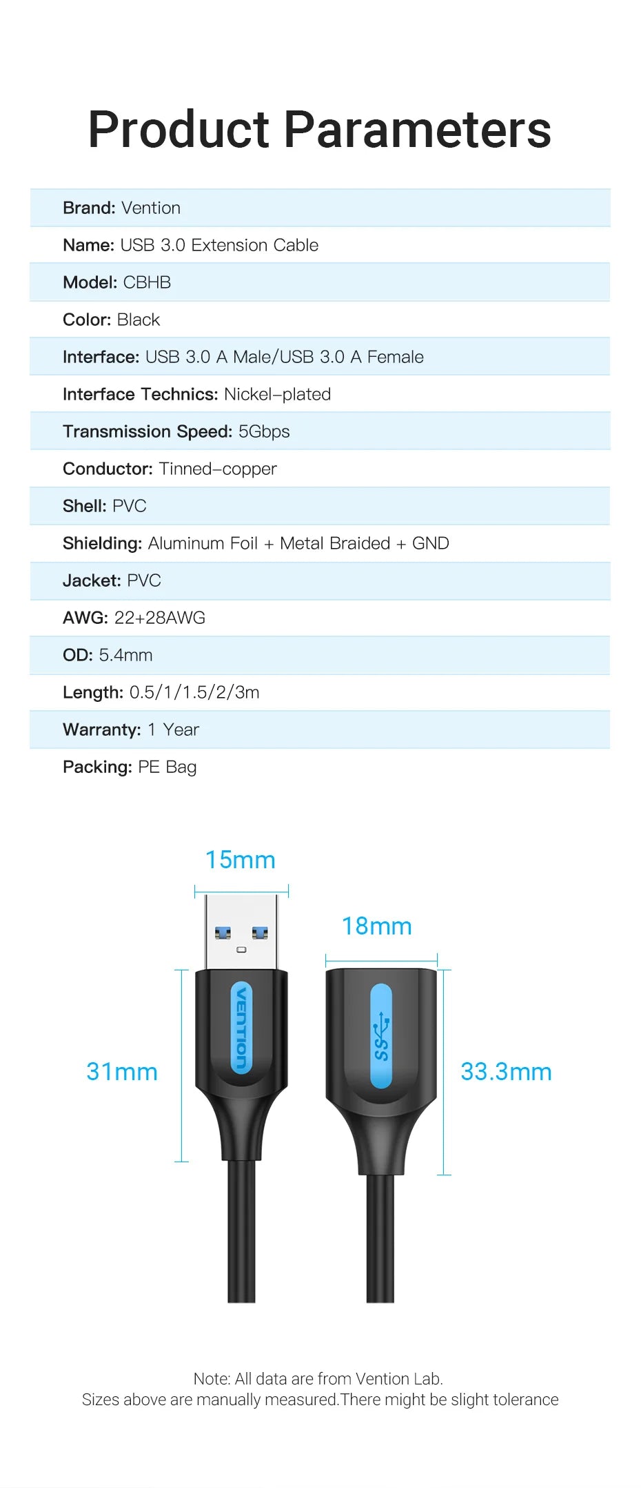 Vention USB 3.0 Extension Cable USB 3.0 2.0 Cable Extender Data Cord for PC Smart TV Xbox One SSD Fast Speed USB Cable Extension