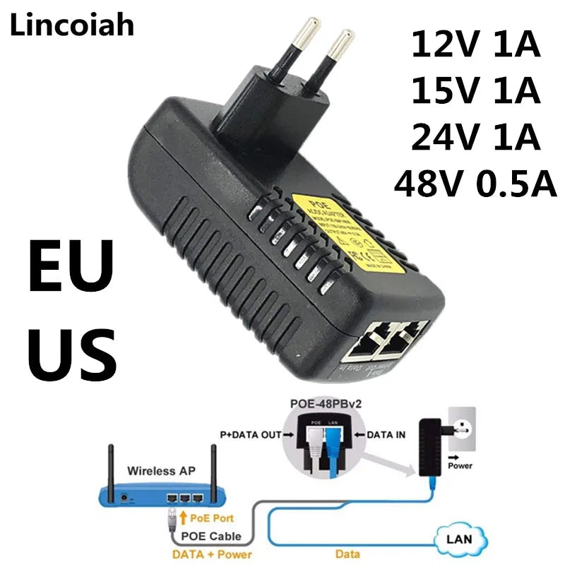 CCTV Security AC 110V-240V to DC 12V 24V 48V 0.5A 1A POE Injector power adapter Ethernet IP Camera Phone PoE Power Cord