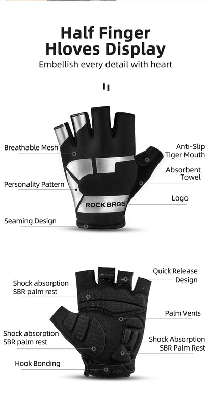 ROCKBROS Cycling Gloves Half Finger Shockproof Wear Resistant Breathable MTB Road Bicycle Gloves Men Women Sports Bike Equipment