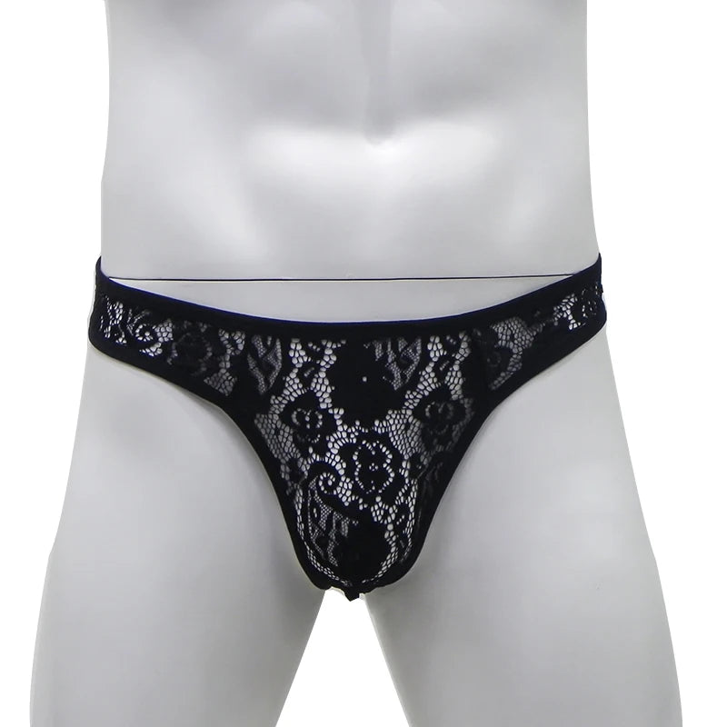 CLEVER-MENMODE Tanga de encaje para hombre, ropa interior sexy, tanga transparente para hombre, lencería transparente, calzoncillos, bragas con espalda en T