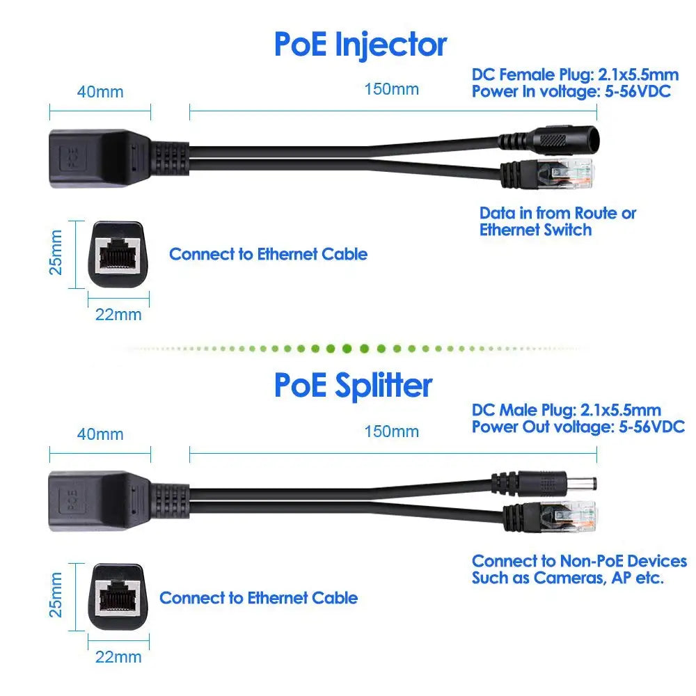 1 pair POE Cable Passive Power Over Ethernet Adapter Cable POE Splitter RJ45 Injector Power Supply Module 12-48v For IP Camea