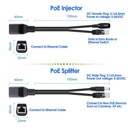 1 par de cables POE, cable adaptador pasivo de alimentación a través de Ethernet, divisor POE, módulo de fuente de alimentación de inyector RJ45 de 12-48 V para cámara IP