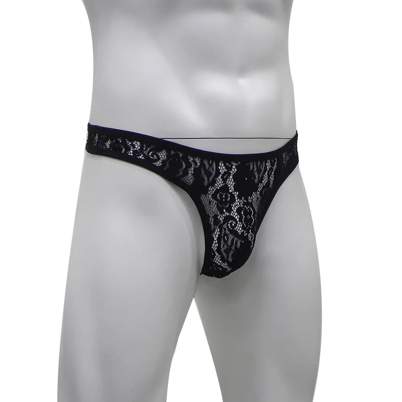 CLEVER-MENMODE Tanga de encaje para hombre, ropa interior sexy, tanga transparente para hombre, lencería transparente, calzoncillos, bragas con espalda en T