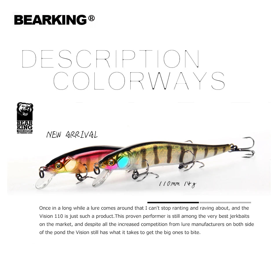 BEARKING 11cm 14g Señuelos de pesca duros superiores Cebos de calidad Minnow Wobblers Buena acción Aparejos de pesca profesionales artificiales