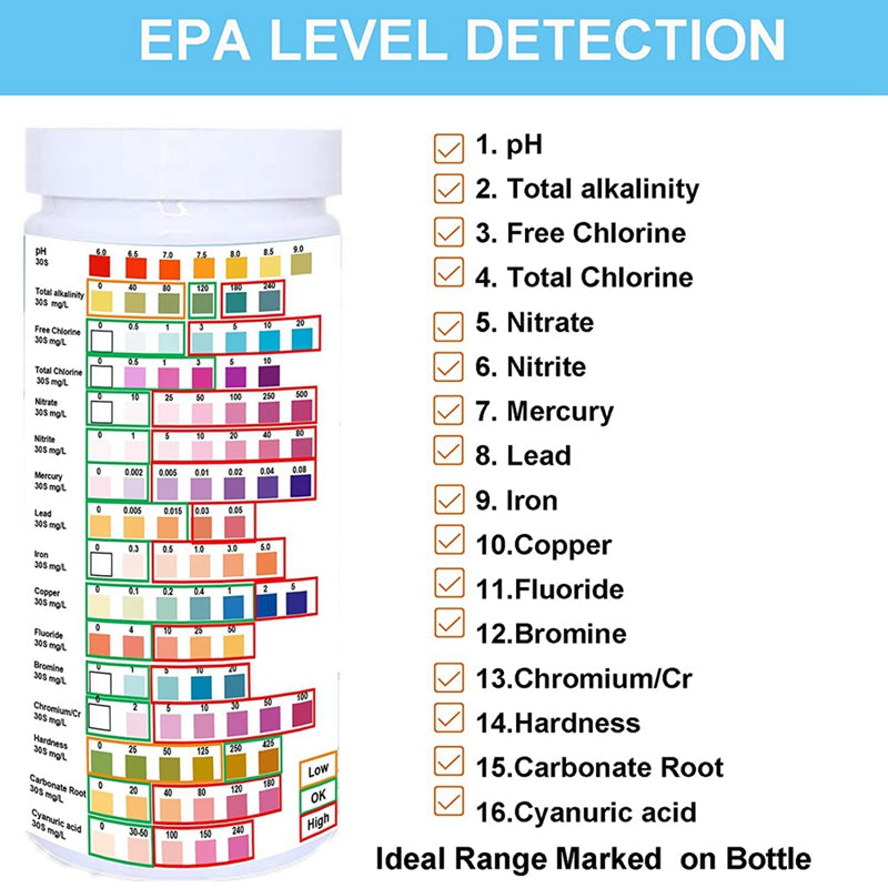 Water Testing Strips for Drinking Water- EPA Level Home Use, Water Test Strips with Lead, Mercury, Iron, PH, Hardness