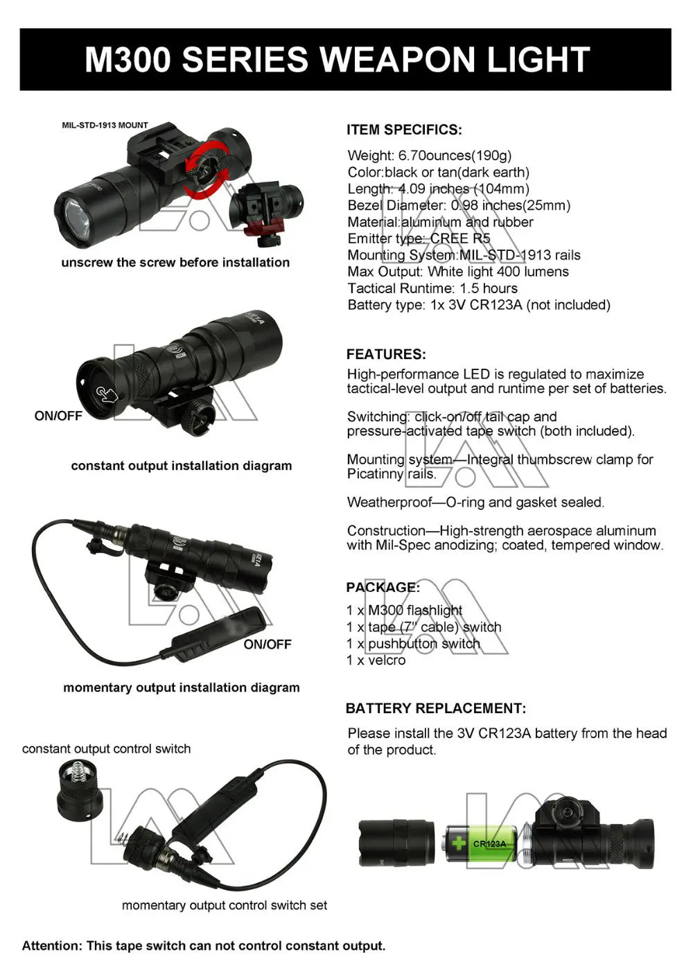 Linterna táctica Surefire M300 M300A MINI Scout para rifle de caza, luz LED, arma de Airsoft, linterna para pistola AR15 HK416