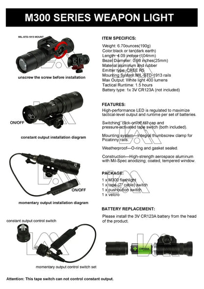 Linterna táctica Surefire M300 M300A MINI Scout para rifle de caza, luz LED, arma de Airsoft, linterna para pistola AR15 HK416