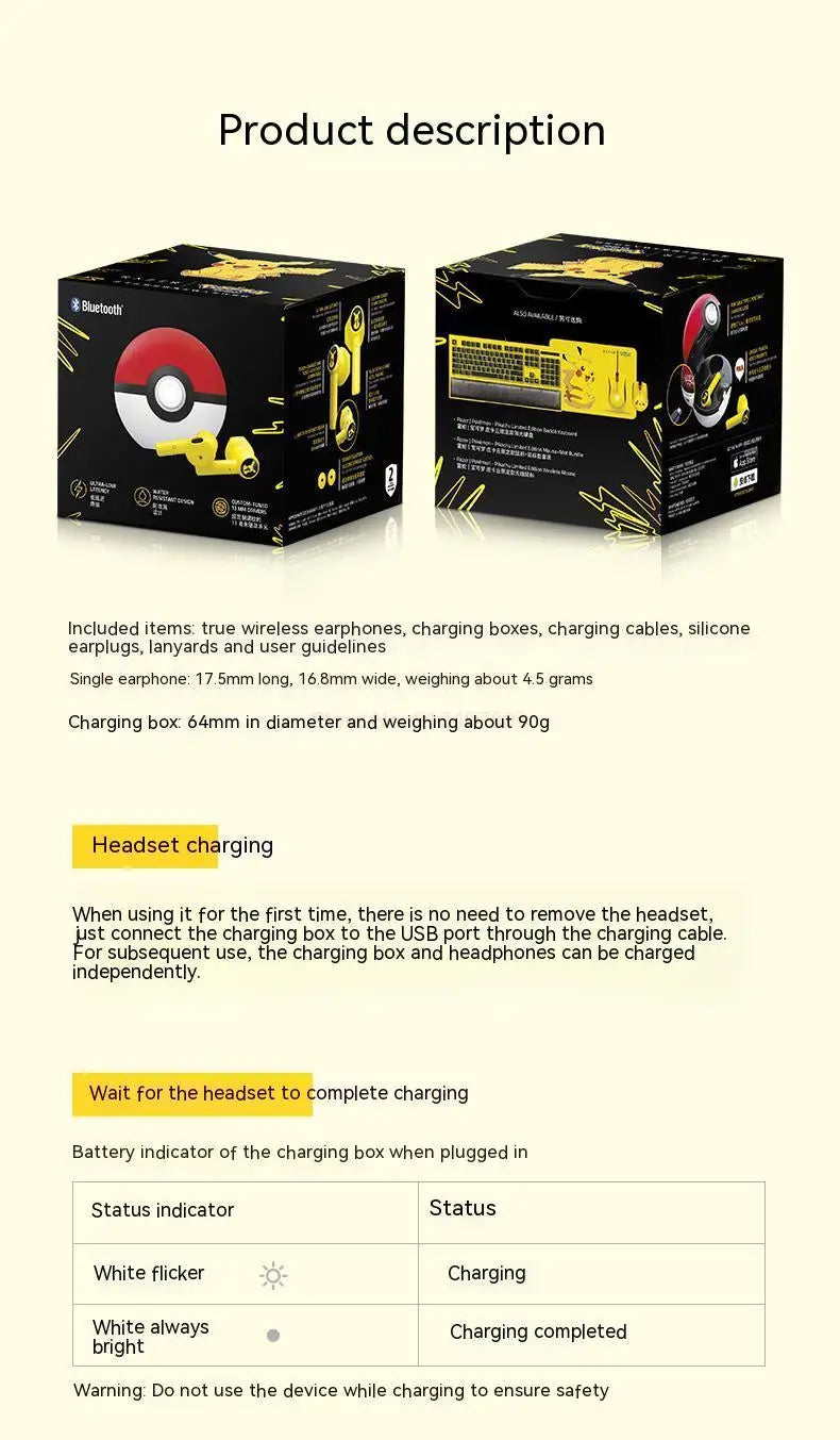 Pokemon Pikachu Earphones Wireless Bluetooth 5.0 Razer Sport Noise Reduction Headphones Touch Control Microphone Universal Gifts