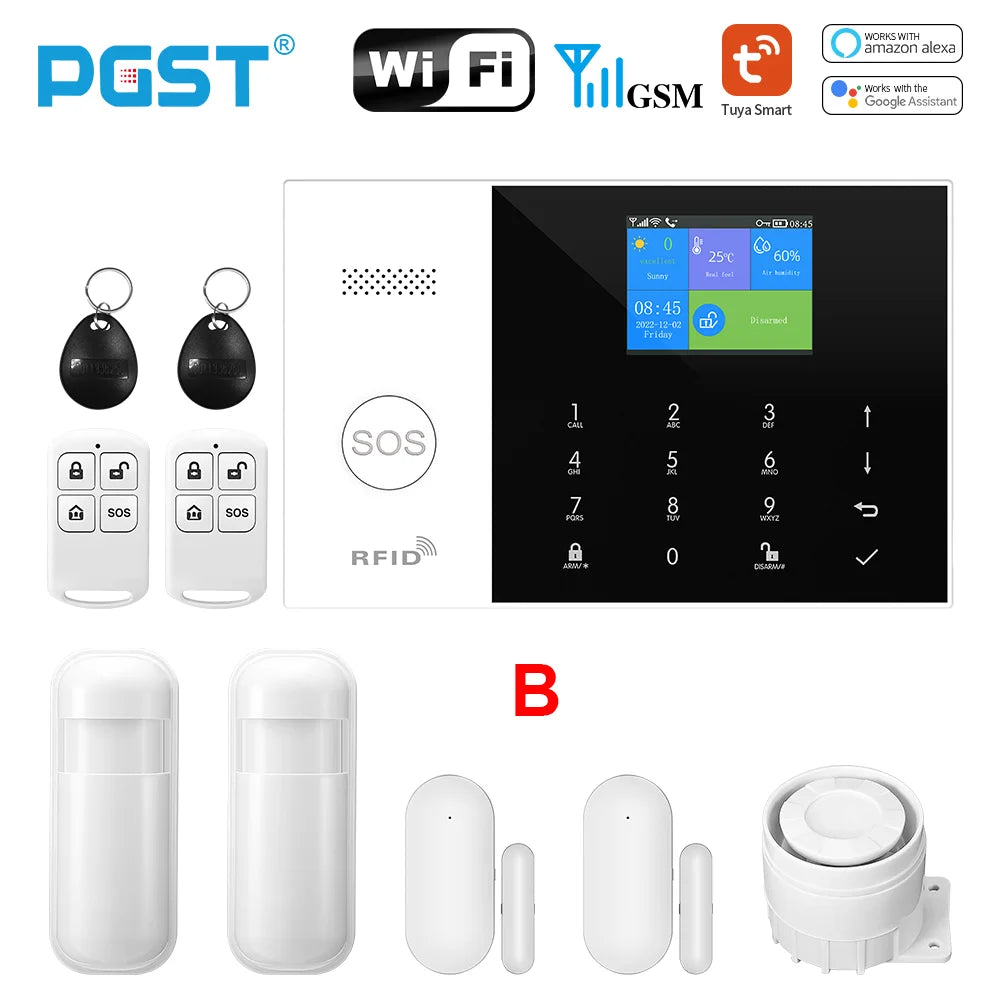 PGST Residential Tuya Smart Gsm Wifi Alarm System for Home Wireless Security Alarm House Smart Life App Control work with ALexa