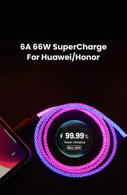 Fast Charging RGB Cable 100W Breathing Light 66W Type C USB C Data Cable for iPhone Samsung Huawei 30W Quick Charge for Xiaomi