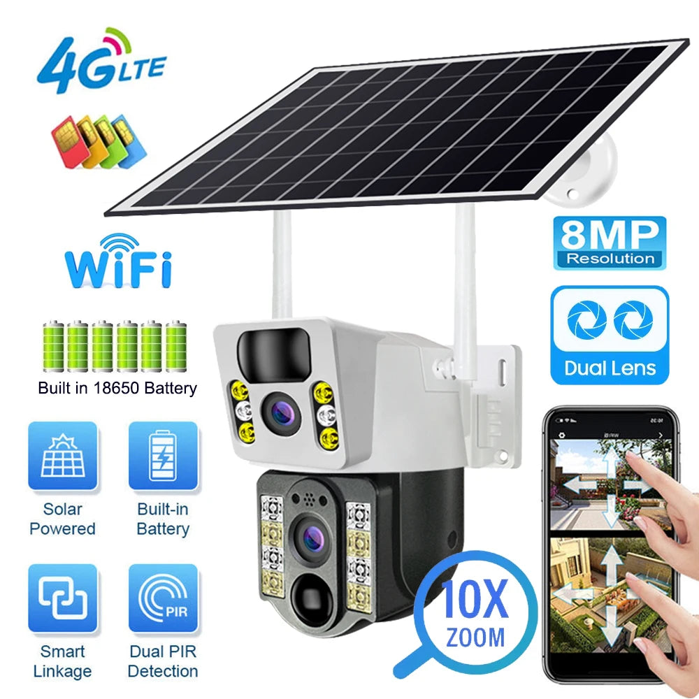 Cámara solar inalámbrica 4K de 8 MP con Sim 4G para exteriores, cámara IP con doble lente, Wifi, visión nocturna PIR, V380 Pro, monitor de protección de seguridad CCTV