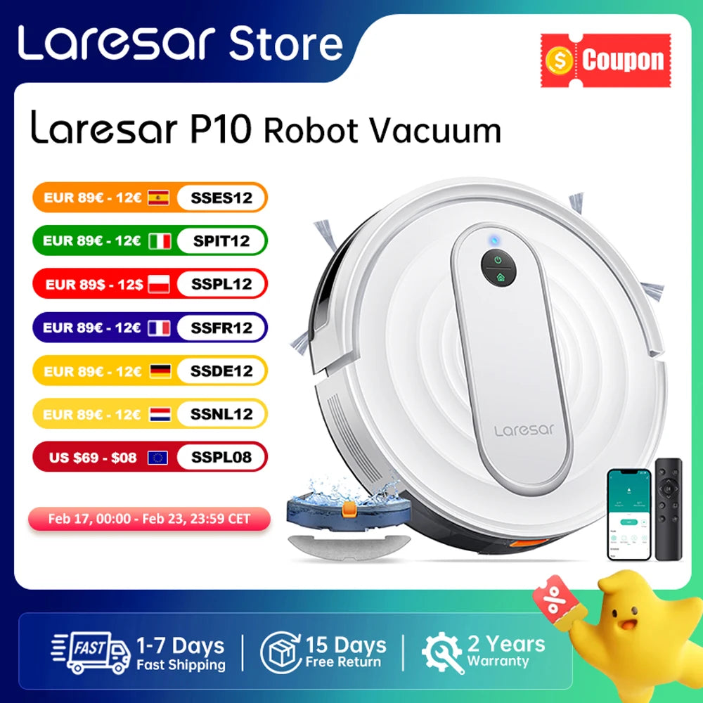 Laresar P10 Robot Vacuum Cleaner Mop 4500Pa Cordless APP Control Smart Gyroscope Planned Map Home Floor Washing Carpet Cleaning