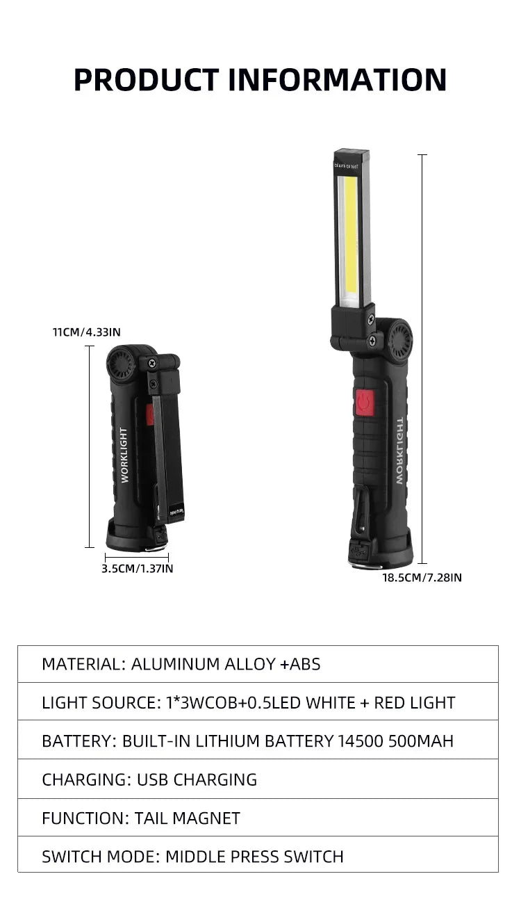 USB Rechargeable Camping LED Flashlight Work Light Magnet and Hook Waterproof Lighting Mode Suitable for Night Work