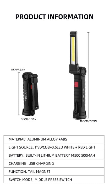 Linterna LED de camping recargable por USB, luz de trabajo con imán y gancho, modo de iluminación impermeable, adecuada para trabajo nocturno