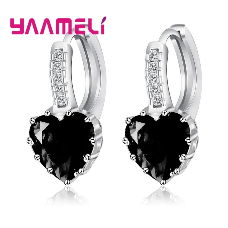 Romantic Heart Crystal Loop Lever Back Earring Austrian Cubic Zircon 925 Sterling Silver Hoop Jewelry for Women Fashion