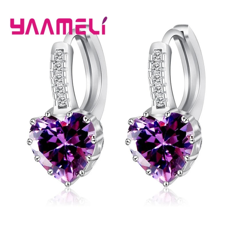 Romantic Heart Crystal Loop Lever Back Earring Austrian Cubic Zircon 925 Sterling Silver Hoop Jewelry for Women Fashion