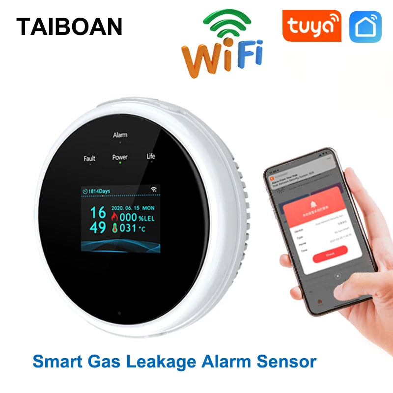 Detector de fugas de gas natural con WiFi, alarma de seguridad contra incendios, control por aplicación Tuya, pantalla LCD inteligente para el hogar