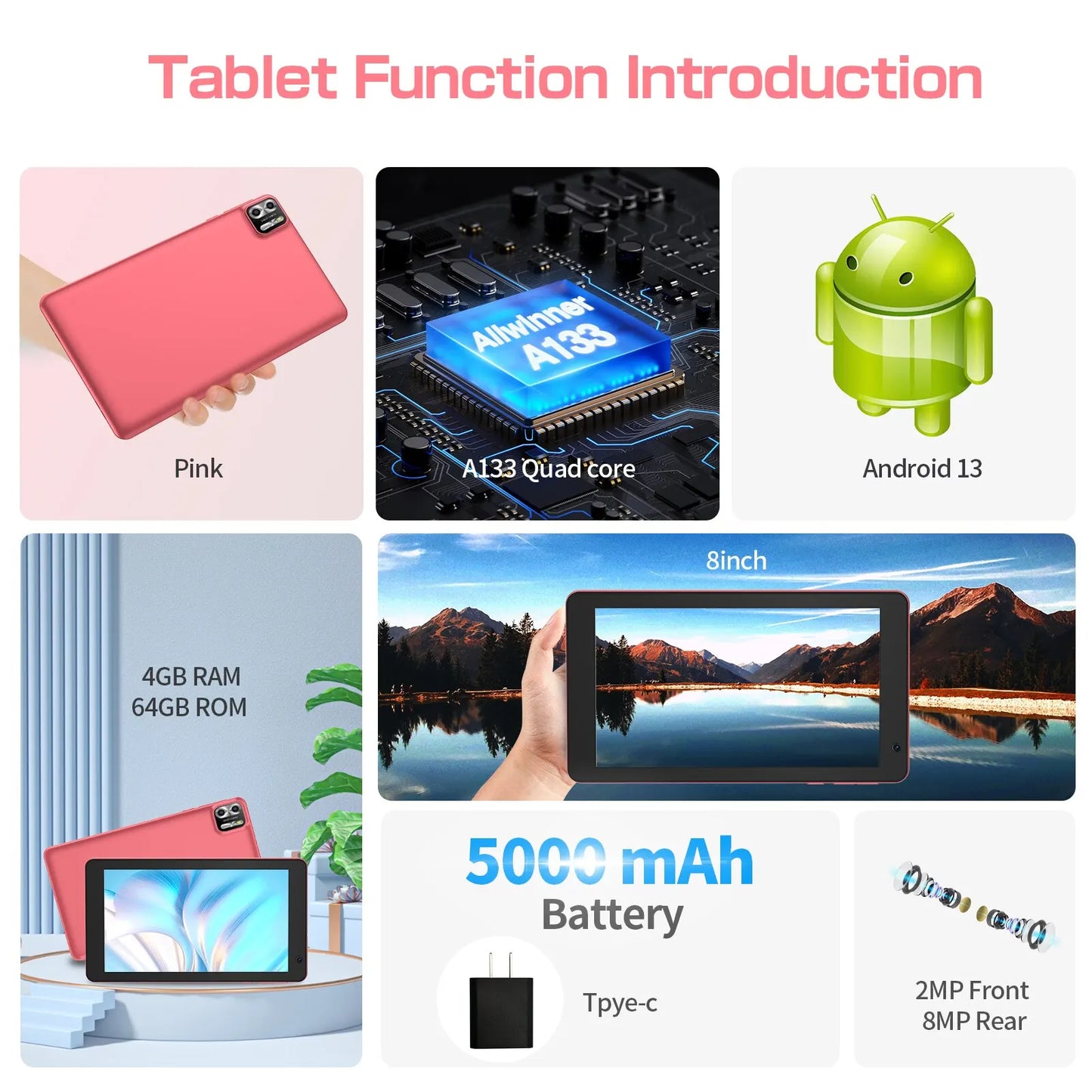 PRITOM 8 Inch Tablet Android 13, 8GB(4+4 Expand) RAM 64GB ROM,1TB Expand,1280x800 IPS Screen 5000MAH Battery,Dual Camera, WiFi