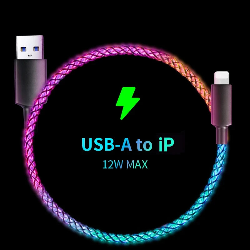 Fast Charging RGB Cable 100W Breathing Light 66W Type C USB C Data Cable for iPhone Samsung Huawei 30W Quick Charge for Xiaomi