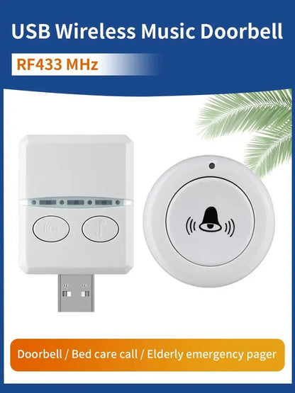 Timbre inalámbrico para el hogar, exterior, USB, CC, 5 V, RF, 433 MHz, emparejamiento, control remoto, 30 timbres, ajuste de volumen, llamada de atención en la cama