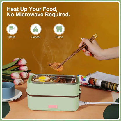 Self Cooking Electric Lunch Box, Portable Food Warmer for On-the-Go,Rice Cooker 2 Layers 800ML Heated Lunch Box for Home Office