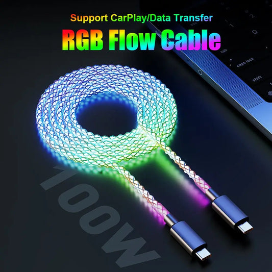 Cable de carga rápida RGB de 100 W, luz de respiración, cable de datos USB C tipo C de 66 W para iPhone, Samsung, Huawei, carga rápida de 30 W para Xiaomi