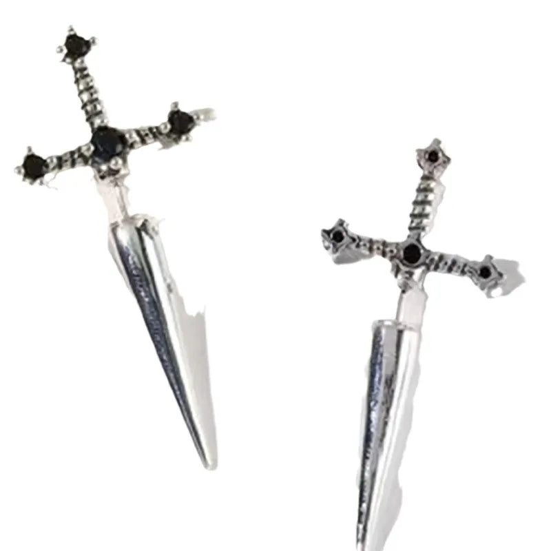 2pcs Gothic Kinitial Sword Stud Earrings, Vintage Cool Punk Crystal Ear Jacket Goth Dagger Earrings Jewelry Gift For Women