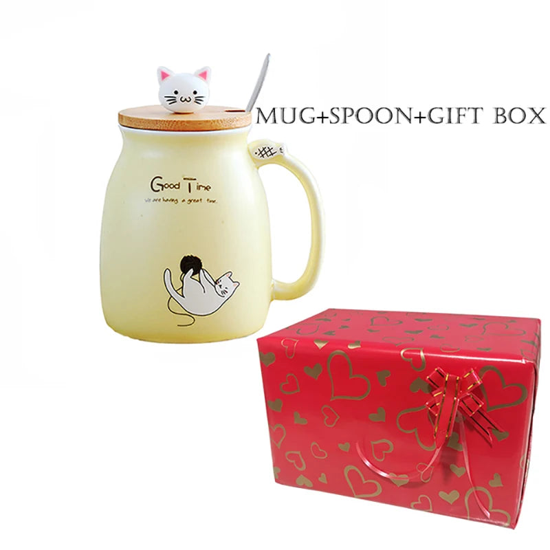 Taza creativa resistente al calor con forma de gato de colores, taza de dibujos animados de 450 ml con tapa, taza de cerámica para café con gatito, taza para niños, taza para beber de oficina, regalo