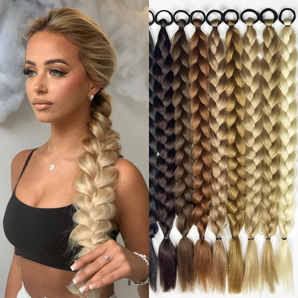 Extensiones de cola de caballo trenzada sintética larga con banda de goma, extensiones de cabello trenzado de boxeo de 24 pulgadas para uso diario de mujeres