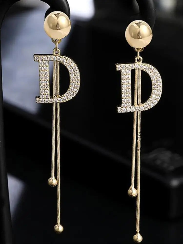 Bead Tassel Long Simple Earring Trend Gold Color Crystal Letter D Earrings Elegant Jewelry Accessories