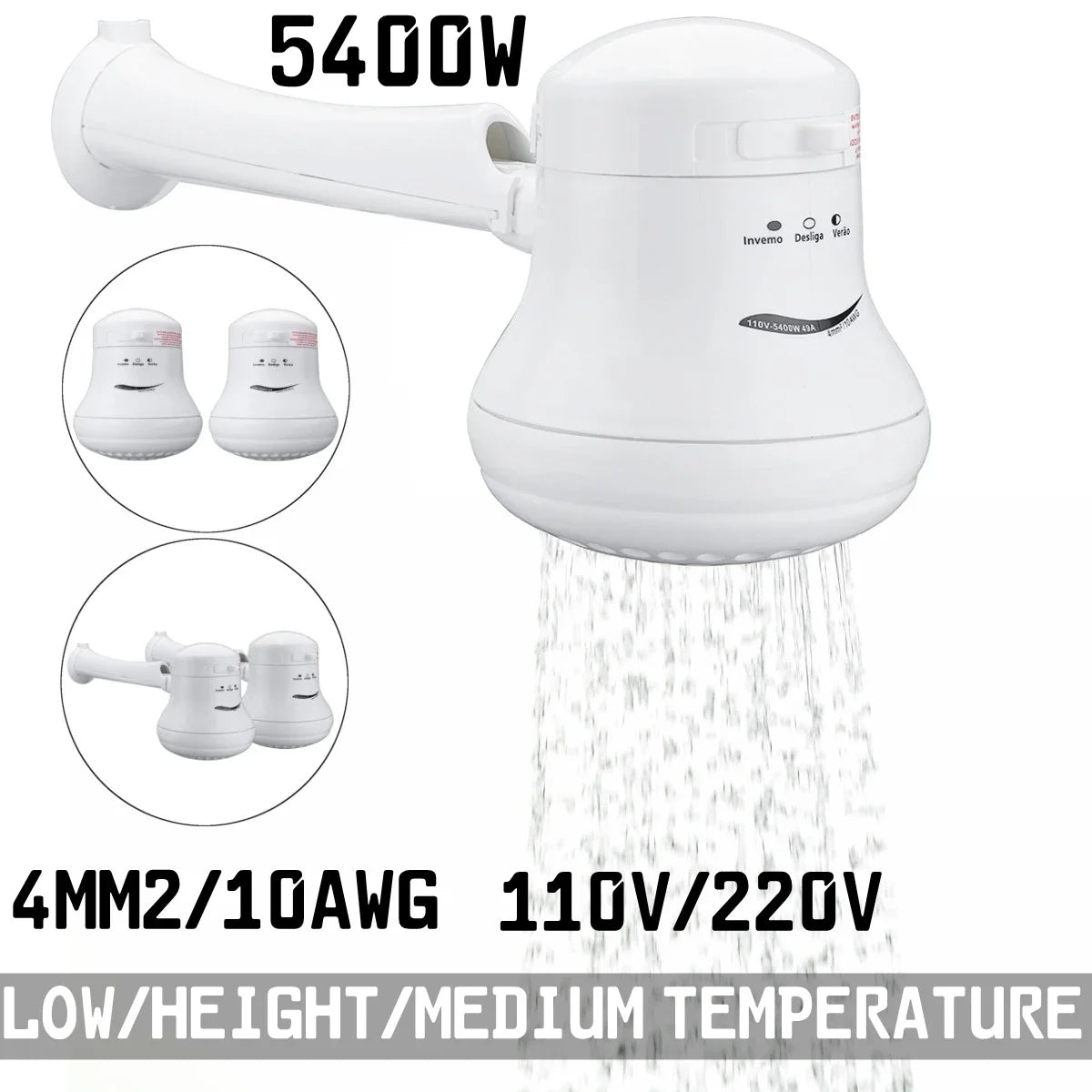 Electric Shower Head 110V/220V Instant Water Heater Temperature Controller 5.7ft Hose Bracket 3800W-5400W