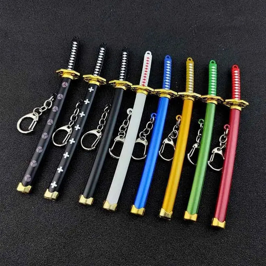 Mini llavero de espada samurái Roronoa Zoro, llavero de plástico de anime con vaina, anillo, hebilla de katana para hombres, juguete de cosplay, regalo de joyería