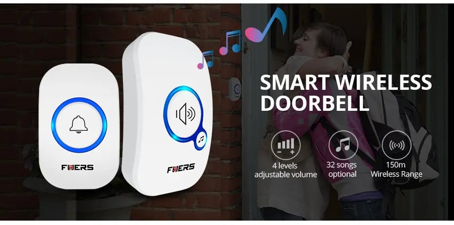 Fuers Wireless Doorbell Waterproof Welcome Chime Home Door Bell Intelligent 32 Songs Smart Alarm With Battery For Store Hotel