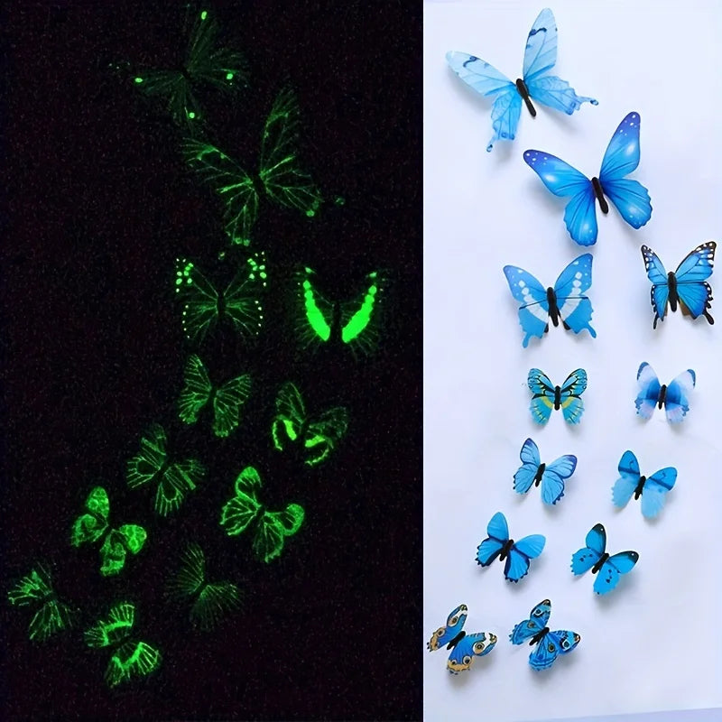 Nuevo 12 piezas de pegatinas de pared creativas de mariposa luminosa 3D de moda para bricolaje, pegatinas de pared modernas, arte de pared, decoraciones para el hogar, regalo DIY