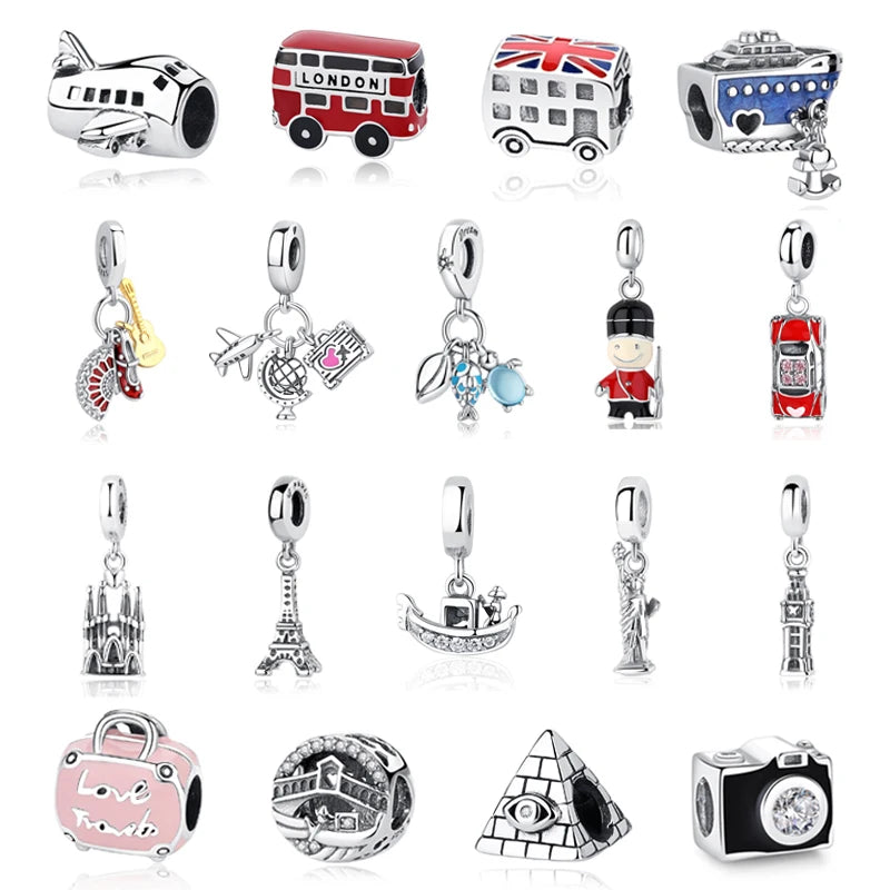 Original 925 Sterling Silver Charm Bead Travel London Bus Camera Suitcase Paris Charms Fit Pan Brand Bracelets Women Diy Jewelry