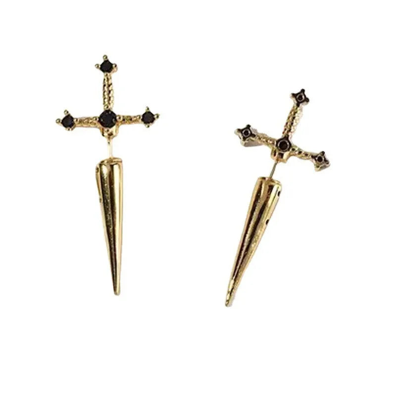 2pcs Gothic Kinitial Sword Stud Earrings, Vintage Cool Punk Crystal Ear Jacket Goth Dagger Earrings Jewelry Gift For Women