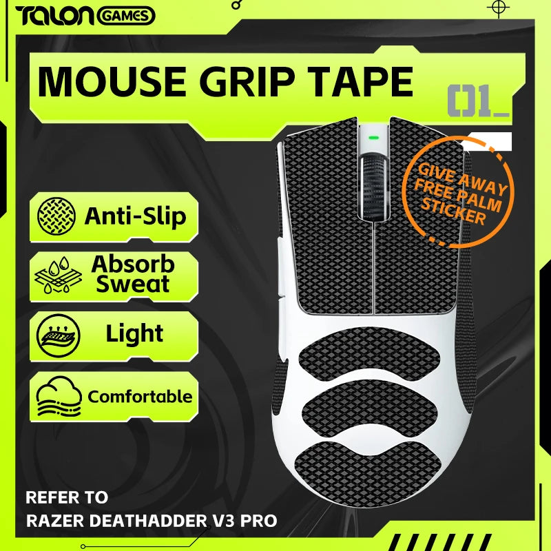 1 Pack TALONGAMES Mouse Grip Tape for Razer DeathAdder V3 Pro Mouse,Palm Sweat Absorption Anti Slip,Cut to Fit,Easy to Apply