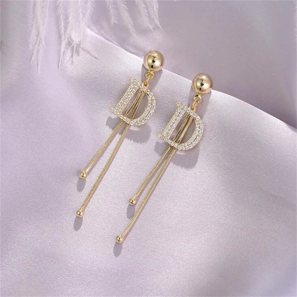 Bead Tassel Long Simple Earring Trend Gold Color Crystal Letter D Earrings Elegant Jewelry Accessories