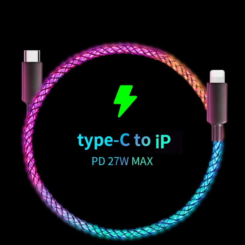 Fast Charging RGB Cable 100W Breathing Light 66W Type C USB C Data Cable for iPhone Samsung Huawei 30W Quick Charge for Xiaomi