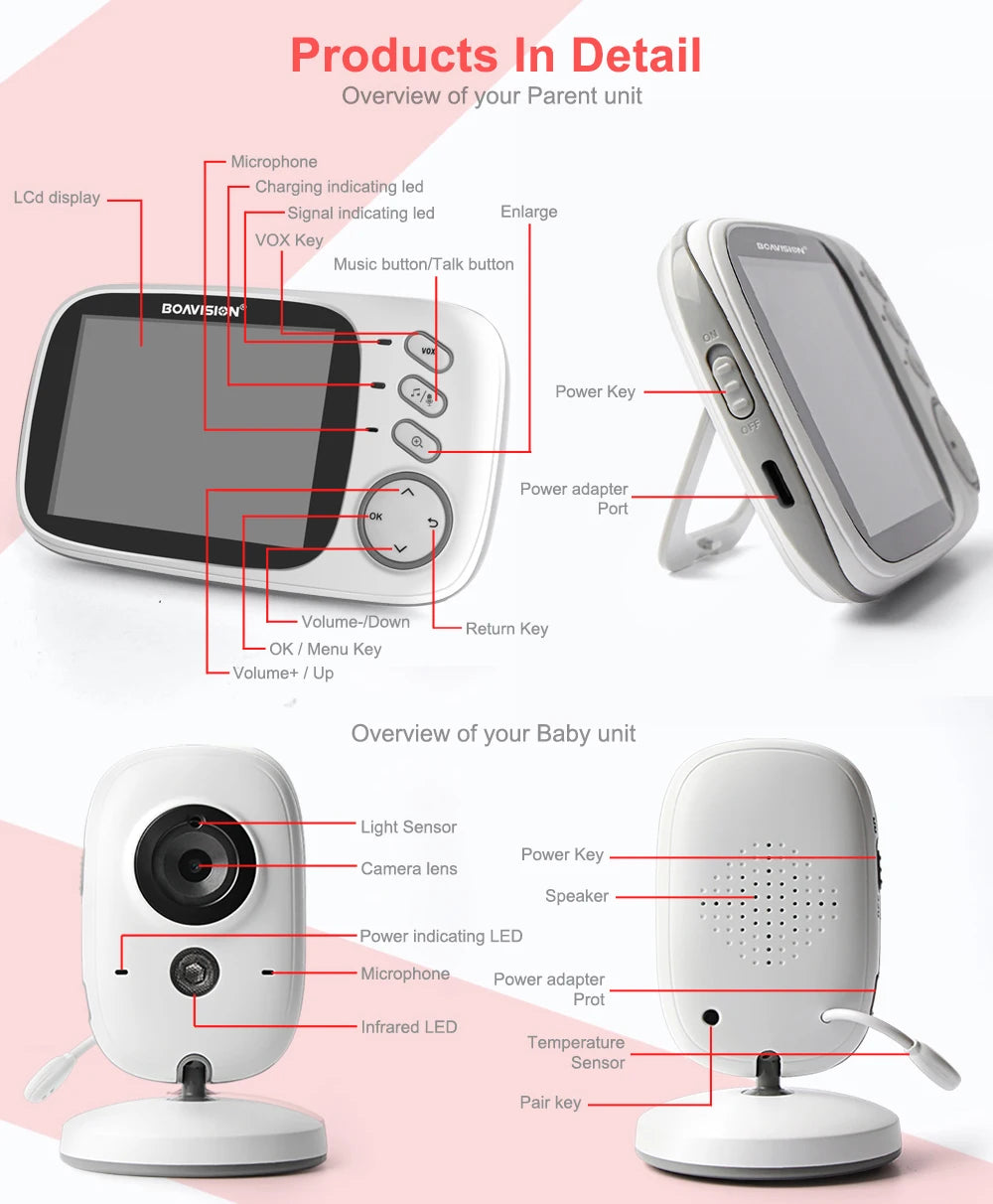 Monitor de bebé con video VB603, inalámbrico de 2,4 G, con pantalla LCD de 3,2 pulgadas, audio bidireccional, visión nocturna, cámara de seguridad para niñera