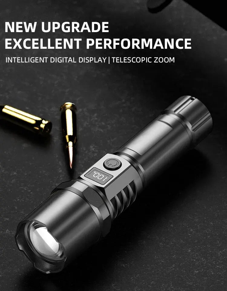 High Power XHP100 Led Flashlight Rechargeable Retractable Flashlight Digital Zoom Usb Hand Light For Camping,Outdoor And Emerge