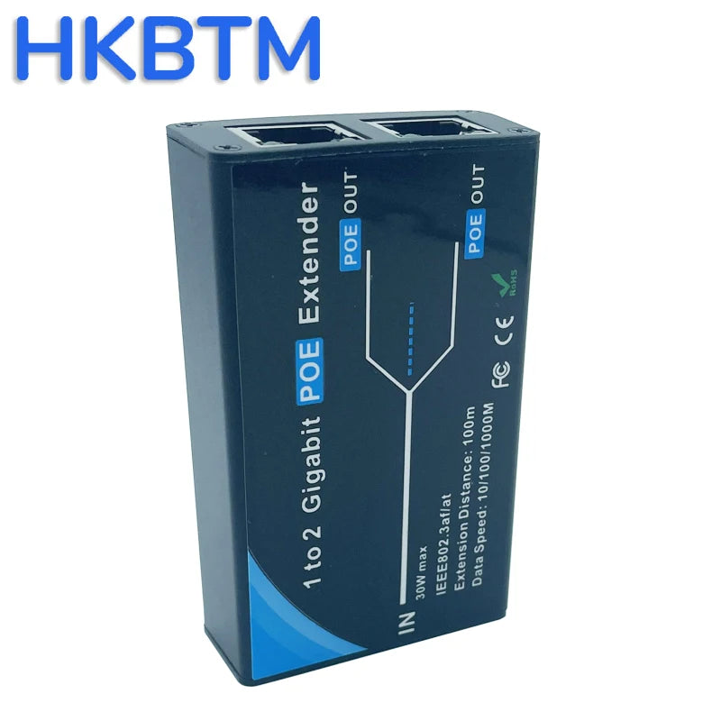 HKBTM Gigabit 2 Port POE Extender, IEEE 802.3af/at PoE+ Standard, 10/100/1000Mbps, POE Repeater 100 meters(328 ft), Extender