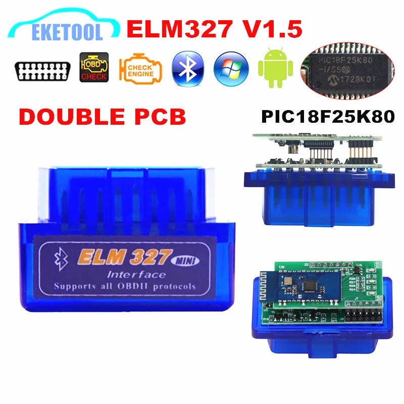 Lector de códigos automático Super MINI ELM 327 Bluetooth V1.5 con chip PIC18F25K80 ELM327 de 2 capas V1.5 y doble PCB para Android y Symbian