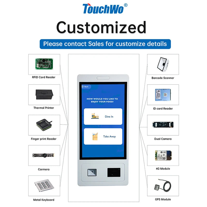 TouchWo 27 32 inch Windows/Android OS Capacitive Touch Screen Pc Touchscree Self Service Ticket/Payment/Ordering Kiosk