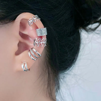 5pcs Silver Color Leaves Clip Earrings for Women Men, Creative Simple C Ear Cuff Non-Piercing Ear Clip Set Trend Jewelry Gift